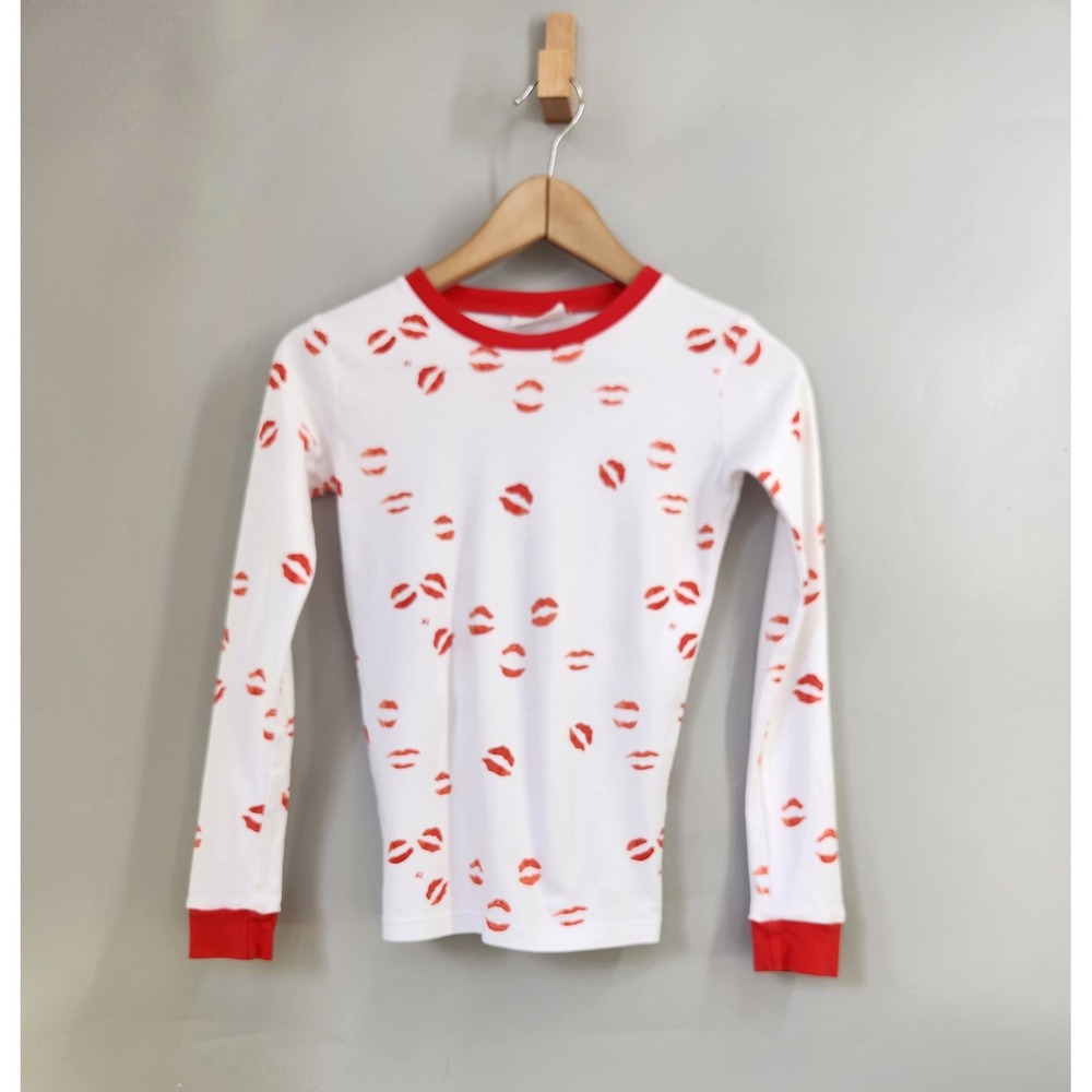 Kate Schelter x LAKE Pajama Top Kids 12 White Red Good Lip Print Pima Cotton